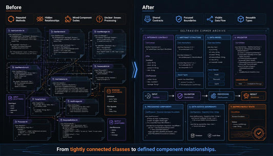 A dark software architecture comparison graphic labeled 'Before' and 'After' with multiple connected boxes, icons, and technical diagrams in blue, orange, and white on a black background.