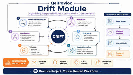 An infographic titled 'Qeltravioz Drift Module' explaining how to organize responsibilities across Kotlin components for a course record workflow. It features a central 'DRIFT' circle surrounded by numbered steps (1 to 8) with icons and labels, alongside a 'DATA TRANSFORMATION ROUTE' column on the right.