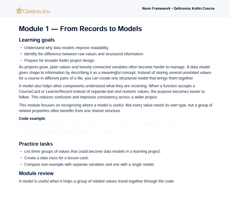 A text-based educational document page titled 'Module 1 — From Records to Models' with the Gelltravox logo at the top left and a subtitle 'Neon Framework • Gelltravox Kotlin Course.' The page includes learning goals, practice tasks, and module review text on a white background.