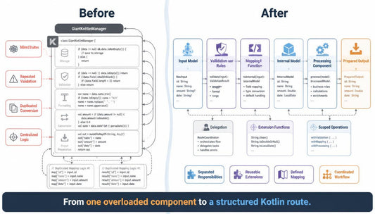 A before-and-after comparison infographic for a Kotlin project named QuartusManager. The left 'Before' column shows a cluttered, tangled code structure with warning icons on the left side.