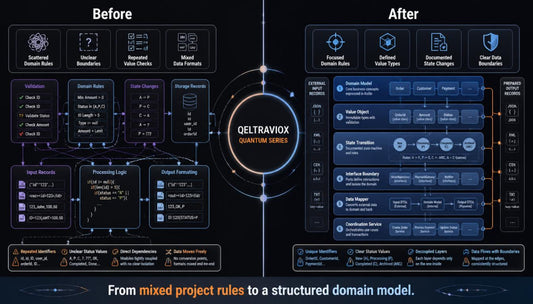 A dark promotional infographic comparing a 'Before' state on the left and an 'After' state on the right, centered around the text 'QELTRAVIOX QUANTUM SERIES'. The graphic uses a flowchart and diagram layout with glowing blue lines and boxes on a black background, with a subtitle at the bottom reading 'From mixed project rules to a structured domain model.
