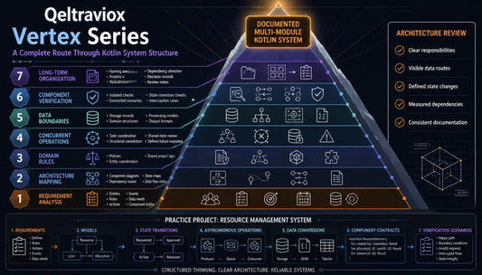 An infographic-style diagram titled 'Qeltraviox Vertex Series' showing a large pyramid labeled 'Documented Multi-Module Kotlin System' with numbered architecture layers from requirement analysis to long-term viability, plus side notes on architecture review and a practice project section at the bottom.