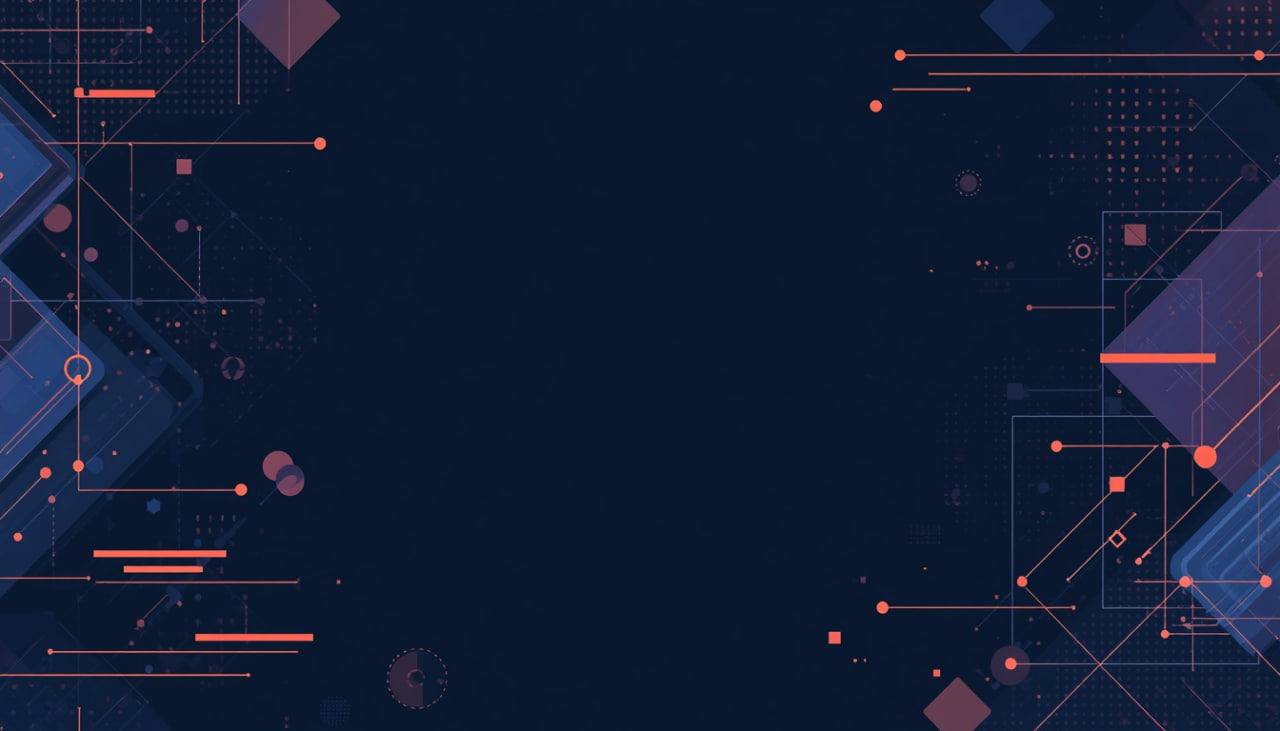 Abstract digital background with a dark navy center and geometric corner designs in pink, coral, and blue, including lines, dots, and angular shapes.