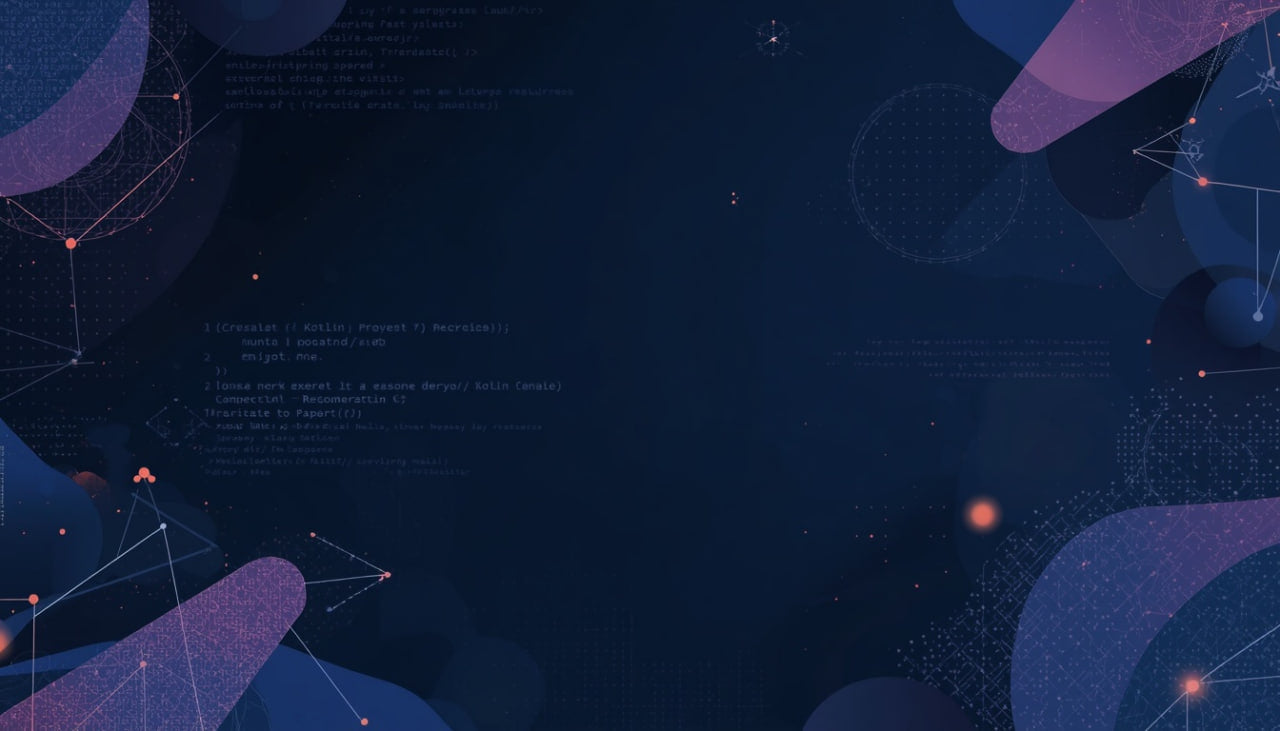 Abstract digital background with dark navy and blue tones, purple and lavender curved shapes, thin white geometric line networks, and small glowing orange dots.