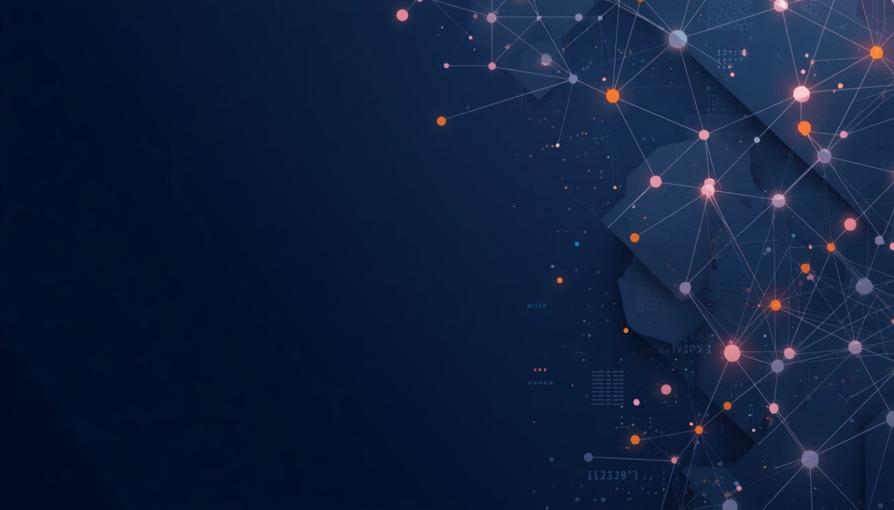 Abstract digital background with a dark blue geometric mesh and glowing network nodes in pink, orange, and white, leaving open space on the left.