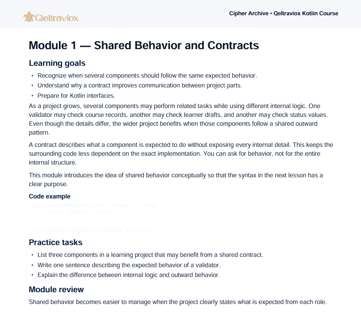 A text-based educational page titled 'Module 1 — Shared Behavior and Contracts' from Geteltravox, showing learning goals and practice tasks in black text on a white background.