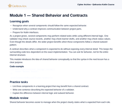 A text-based educational page titled 'Module 1 — Shared Behavior and Contracts' from Geteltravox, showing learning goals and practice tasks in black text on a white background.