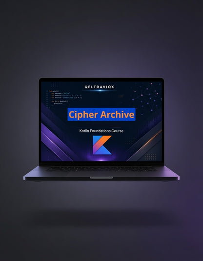 A laptop centered on a dark gradient background, displaying a course screen titled 'Cipher Archive' with the Qeltraviox logo and 'Kotlin Foundations Course' text.
