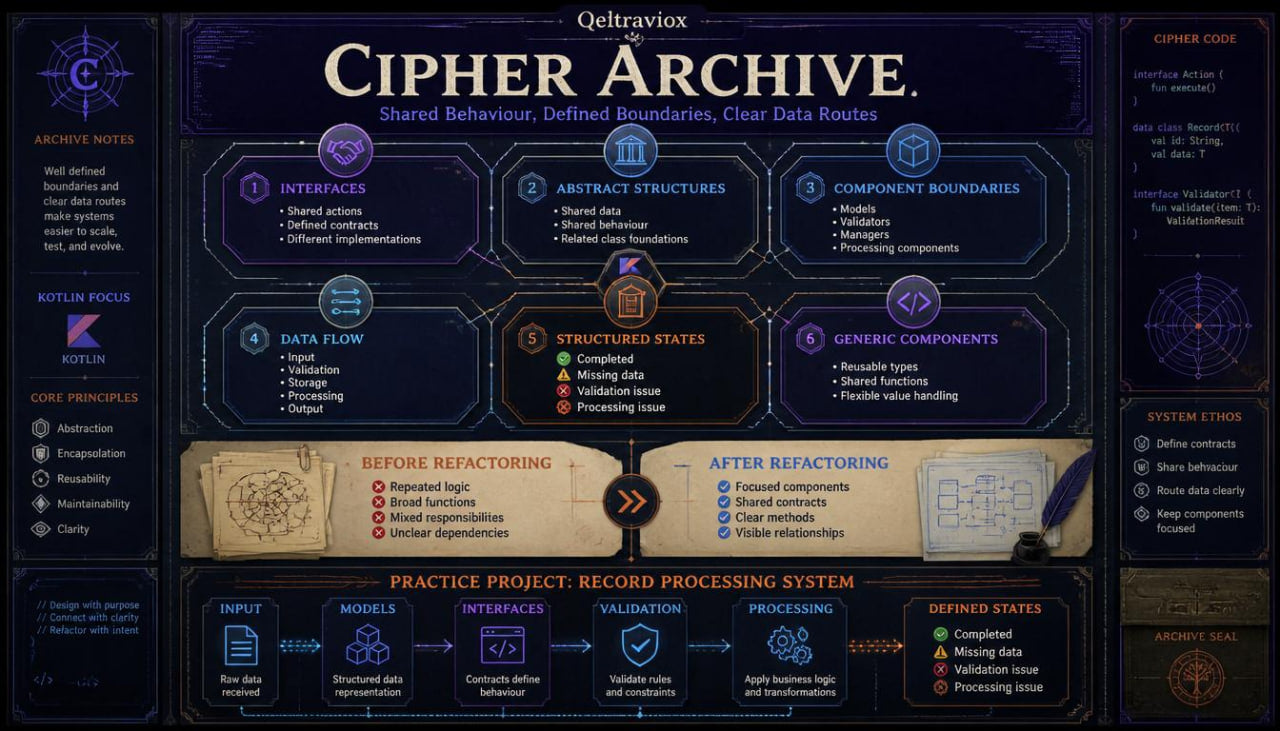 A dark digital interface titled 'Cipher Archive' with multiple panels, icons, and text related to interfaces, abstract structures, component boundaries, data flow, and refactoring steps. The design uses a navy and black background with purple, blue, and beige accents.