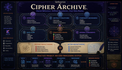 A dark digital interface titled 'Cipher Archive' with multiple panels, icons, and text related to interfaces, abstract structures, component boundaries, data flow, and refactoring steps. The design uses a navy and black background with purple, blue, and beige accents.