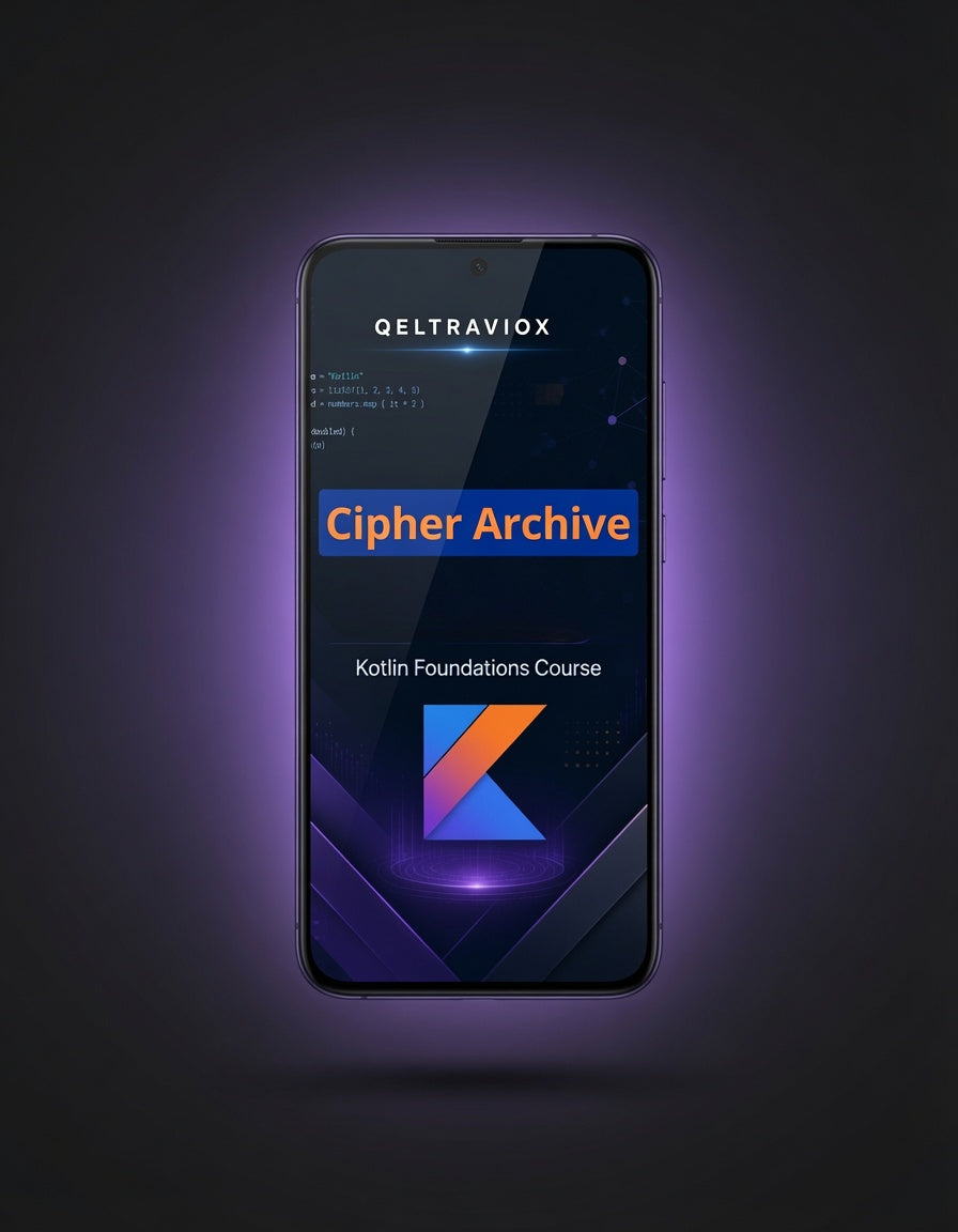 A smartphone centered on a dark purple background, displaying a course app screen titled 'QELTRAVIOX' and 'Cipher Archive' with 'Kotlin Foundations Course' and a colorful K logo.