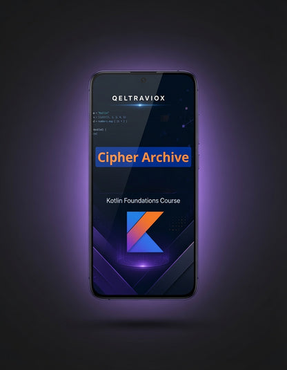 A smartphone centered on a dark purple background, displaying a course app screen titled 'QELTRAVIOX' and 'Cipher Archive' with 'Kotlin Foundations Course' and a colorful K logo.