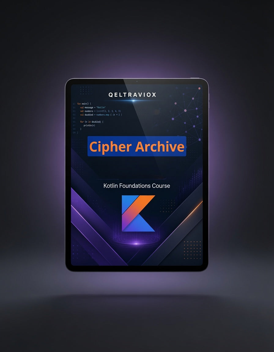 A tablet device centered on a dark gradient background, displaying a course cover titled 'Cipher Archive' with the QELTRAVIOX name at the top and a blue, purple, and orange geometric logo near the bottom.