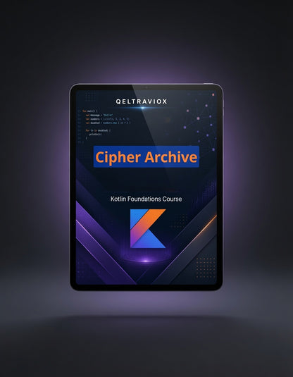 A tablet device centered on a dark gradient background, displaying a course cover titled 'Cipher Archive' with the QELTRAVIOX name at the top and a blue, purple, and orange geometric logo near the bottom.