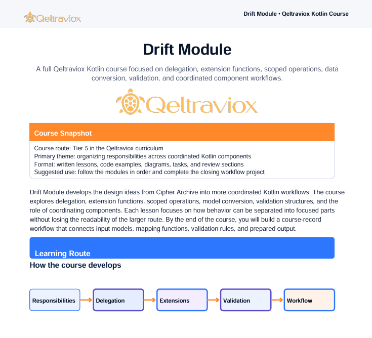A digital course overview page for the Drift Module from the Queltraviox Kotlin course, featuring text sections, a course snapshot box, and a learning route flowchart on a white background.