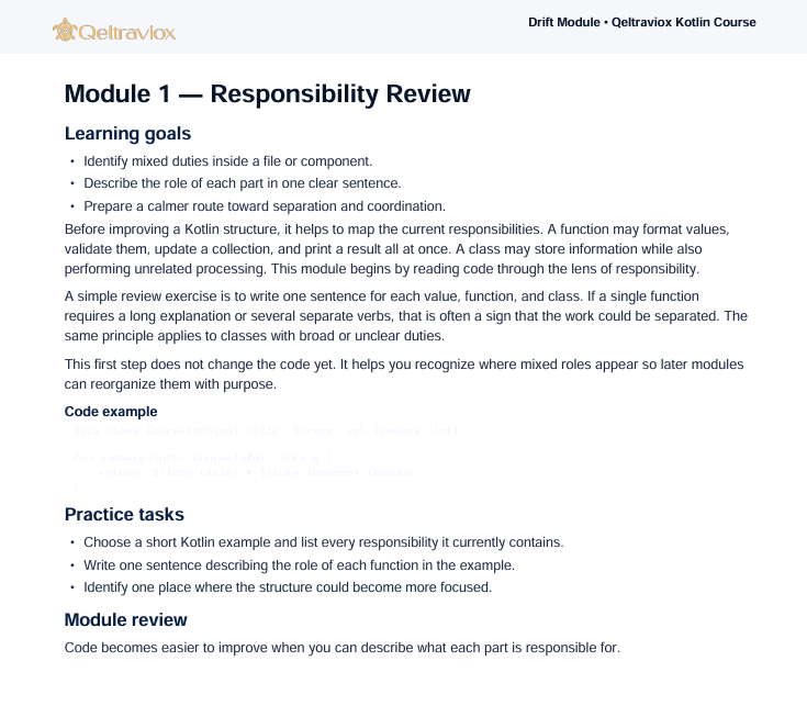 A document page titled 'Module 1 — Responsibility Review' from Getravoxx, showing learning goals and practice tasks for a Kotlin course.