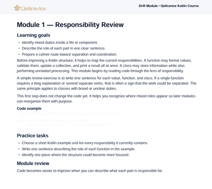 A document page titled 'Module 1 — Responsibility Review' from Getravoxx, showing learning goals and practice tasks for a Kotlin course.