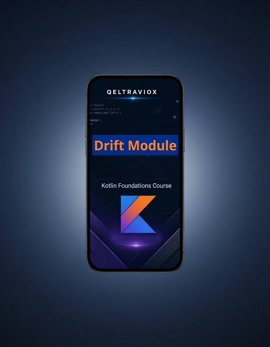 A smartphone centered on a dark blue gradient background, displaying the Qeltraviox Drift Module screen for a Kotlin Foundations Course.