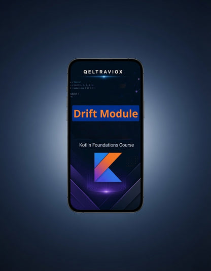 A smartphone centered on a dark blue gradient background, displaying the Qeltraviox Drift Module screen for a Kotlin Foundations Course.