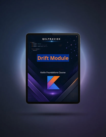 A tablet device centered on a dark blue background, displaying a course cover for 'Drift Module' from the 'Geltraviox' Kotlin Foundations Course. The screen shows a dark navy and purple design with orange and blue accents.