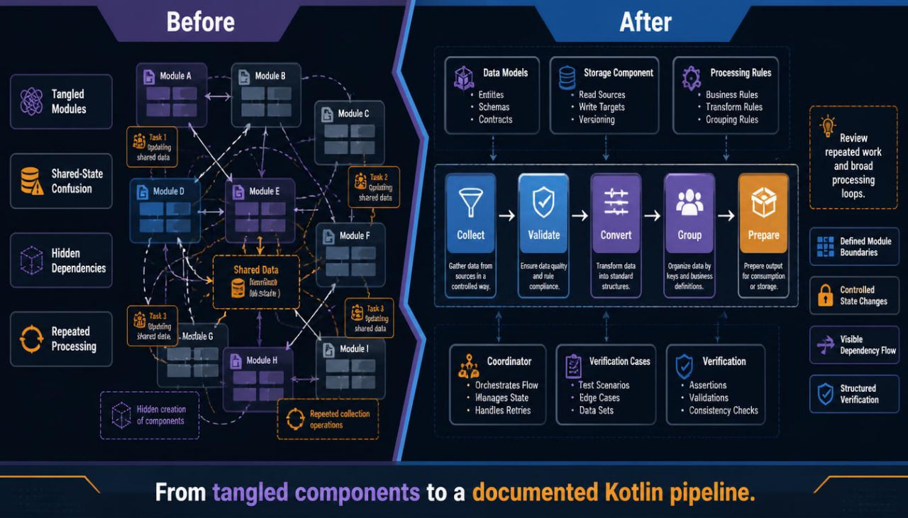 A before-and-after infographic comparing a tangled Kotlin module architecture on the left with a documented, streamlined pipeline on the right, using dark blue and purple panels with icons and text.