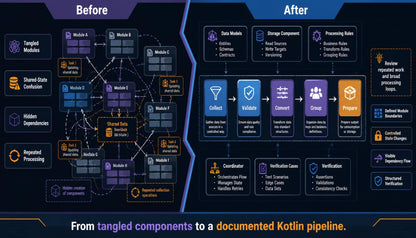 A before-and-after infographic comparing a tangled Kotlin module architecture on the left with a documented, streamlined pipeline on the right, using dark blue and purple panels with icons and text.