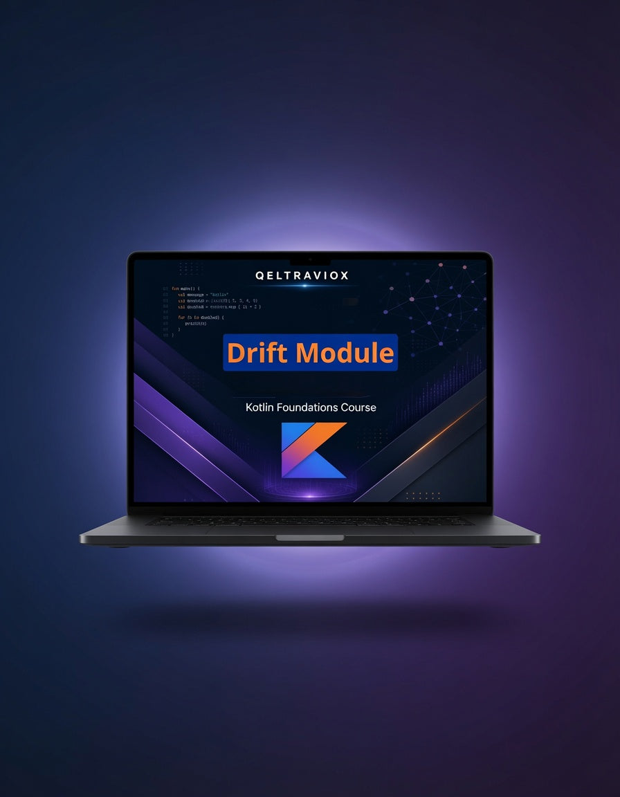 A laptop centered against a dark blue and purple gradient background, displaying a course screen titled 'Drift Module' with the Geltraviox brand name visible at the top of the screen.