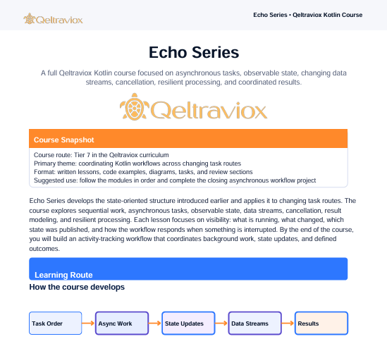 A digital course overview page for the Echo Series from Qeltraviox, detailing a full Qeltraviox Kotlin course. The page features a course description, a course snapshot with course objectives, and a learning route diagram showing steps from Task Order to Async Work, State Updates, Data Streams, and Results.