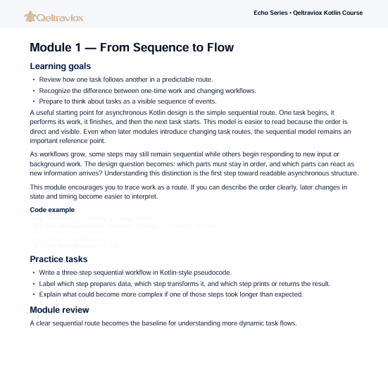 A digital screenshot of a document page from the Qeltravox Kotlin Course, specifically Module 1: From Sequence to Flow, featuring learning goals, code example, practice tasks, and module review on a white background.