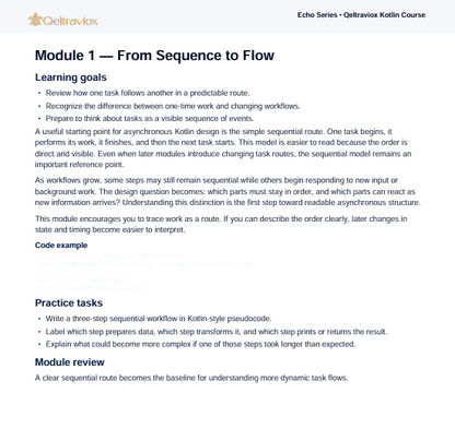 A digital screenshot of a document page from the Qeltravox Kotlin Course, specifically Module 1: From Sequence to Flow, featuring learning goals, code example, practice tasks, and module review on a white background.
