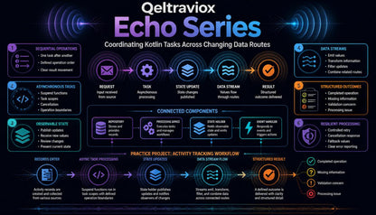 A digital infographic titled 'Qeltraviox Echo Series' explaining how to coordinate Kotlin tasks across changing data routes, featuring a dark navy background with glowing neon purple, blue, and orange diagrams.