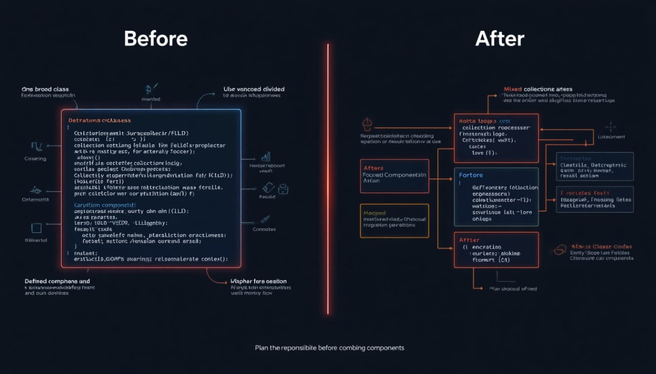 A dark-themed before-and-after diagram with the headings 'Before' and 'After' in white. The left 'Before' section shows a code block highlighted in blue with small icons and labels around it.