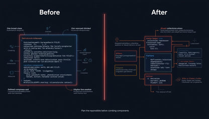 A dark-themed before-and-after diagram with the headings 'Before' and 'After' in white. The left 'Before' section shows a code block highlighted in blue with small icons and labels around it.