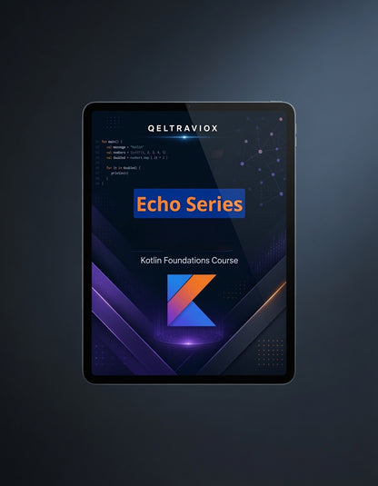 A tablet device centered on a dark gradient background, displaying a course cover for 'QELTRAVIOX Echo Series Kotlin Foundations Course' with purple, blue, and orange graphics.