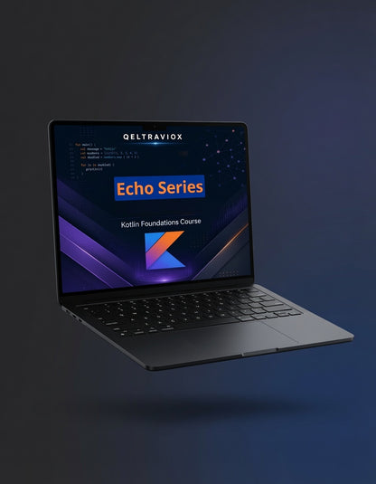 A dark gray Qeltraviox laptop floating against a dark blue gradient background, displaying the 'Echo Series' Kotlin Foundations Course on its screen.