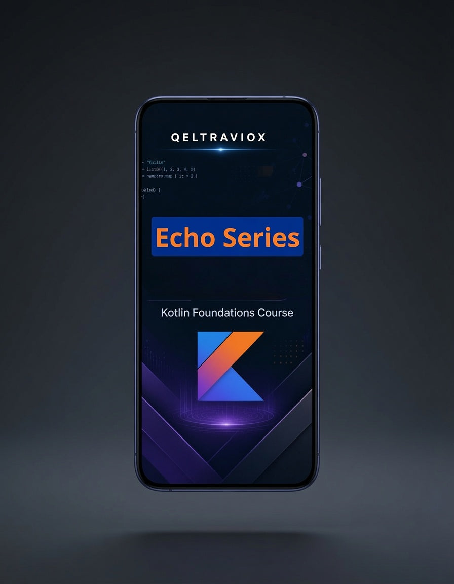 A smartphone centered on a dark studio background, displaying a course cover for the QELTRAVIOX Echo Series Kotlin Foundations Course with a large orange and blue 'Echo Series' title and the Kotlin 'K' logo.