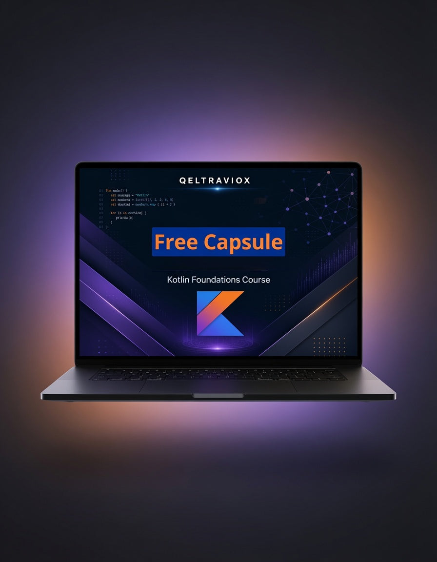 An open laptop centered against a dark gradient background with purple and orange glow effects. The screen displays the GELTRAVIOX logo and a course graphic reading 'Free Capsule' and 'Kotlin Foundations Course.