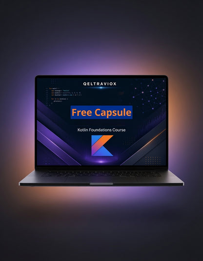 An open laptop centered against a dark gradient background with purple and orange glow effects. The screen displays the GELTRAVIOX logo and a course graphic reading 'Free Capsule' and 'Kotlin Foundations Course.