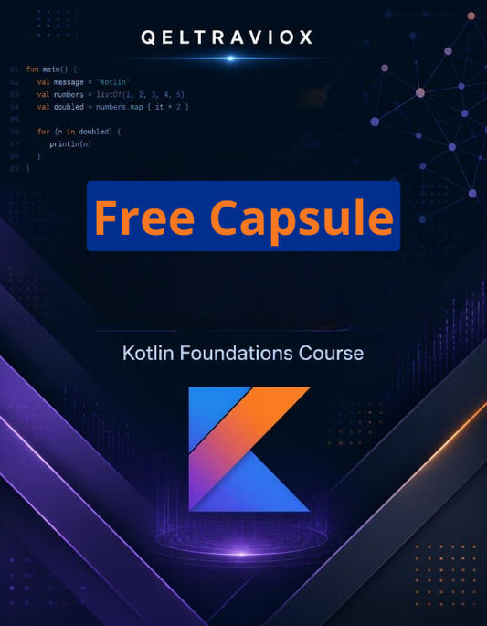 Promotional graphic for a Qeltraviox 'Free Capsule' Kotlin Foundations Course, featuring a dark blue and black background with purple and orange accents, code snippets, and the Kotlin logo.
