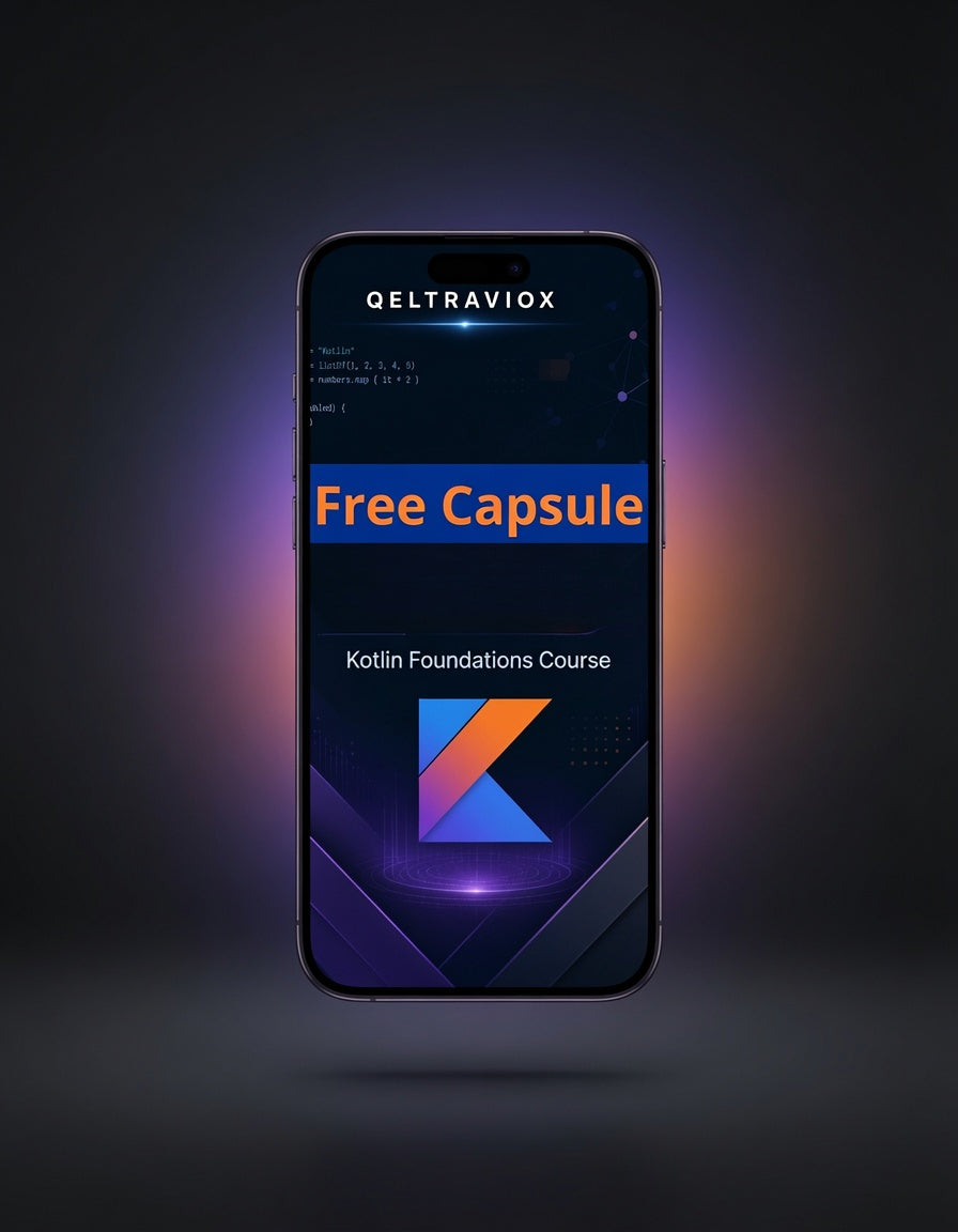 A smartphone centered on a dark gradient background, displaying a course cover for the QELTRAVIOX Free Capsule Kotlin Foundations Course with a large orange and blue 'Free Capsule' title and the Kotlin 'K' logo.