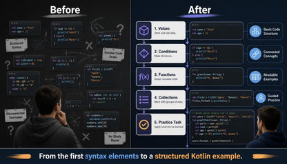 A promotional comparison graphic labeled 'Before' and 'After' showing a dark software tutorial interface with code snippets, icons, and two people seen from behind in the lower portion. Text at the bottom reads, 'From the first syntax elements to a structured Kotlin example.