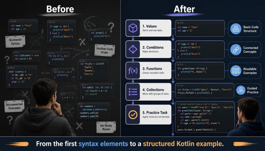 A promotional comparison graphic labeled 'Before' and 'After' showing a dark software tutorial interface with code snippets, icons, and two people seen from behind in the lower portion. Text at the bottom reads, 'From the first syntax elements to a structured Kotlin example.