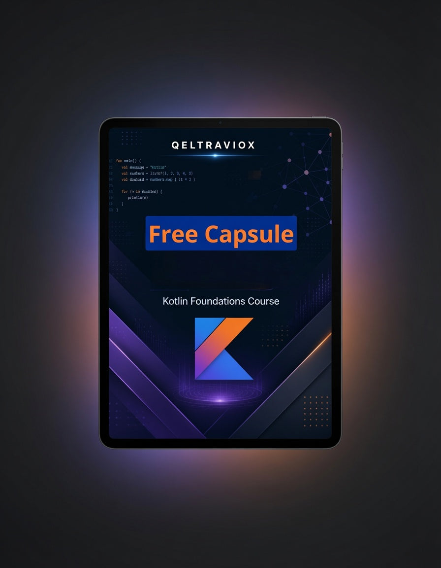 A tablet device centered against a dark background, displaying a course cover for a 'Kotlin Foundations Course' branded QELTRAVIOX with the text 'Free Capsule' in orange on a blue banner.