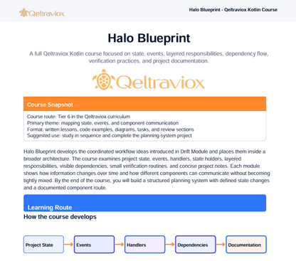 A digital document page titled 'Halo Blueprint' for the 'Queltravox Kotlin Course', featuring course details, a learning route, and a flowchart on a white background with blue and orange accents.
