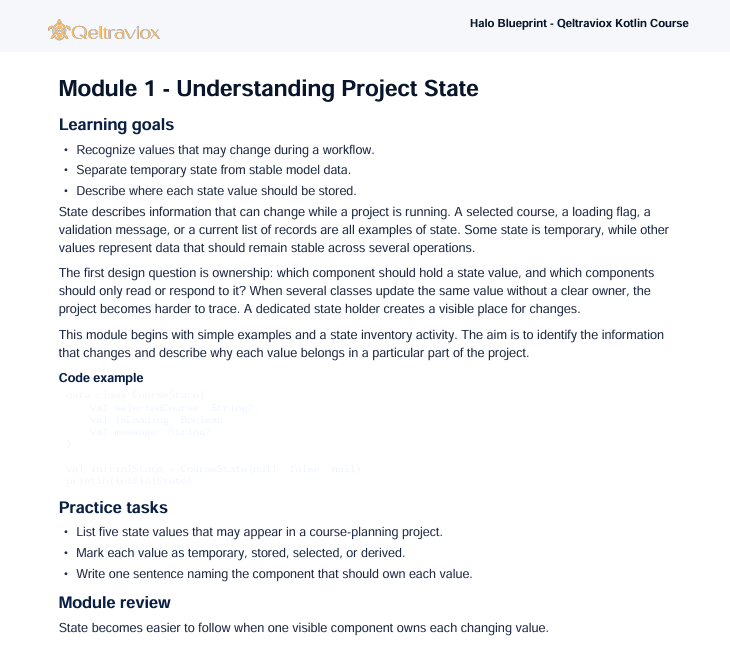 A digital screenshot of a document page from the GetRetrovox Halo Blueprint Katrin Course, titled 'Module 1 - Understanding Project State'. The page features black text on a white background with the GetRetrovox logo at the top left.