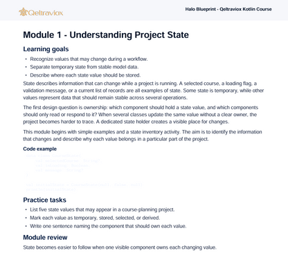 A digital screenshot of a document page from the GetRetrovox Halo Blueprint Katrin Course, titled 'Module 1 - Understanding Project State'. The page features black text on a white background with the GetRetrovox logo at the top left.