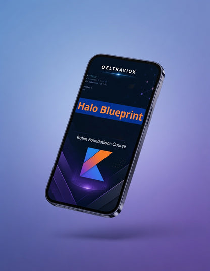 A smartphone floating against a blue-to-purple gradient background, displaying the QELTRAVIOX Halo Blueprint Kotlin Foundations Course screen.