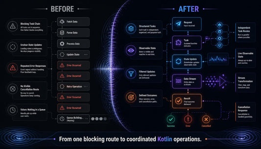 A before-and-after infographic diagram illustrating the benefits of using Kotlin for task management, featuring dark blue and purple tones with glowing neon accents and text comparisons.
