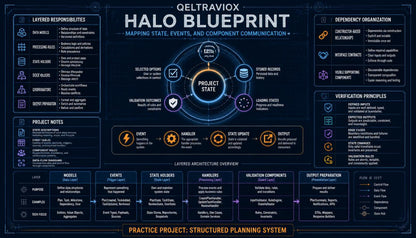 A dark navy technical infographic titled 'QELTRAVIOX HALO BLUEPRINT' with multiple text panels, icons, and circular diagrams explaining project state, dependency organization, and layered responsibilities.