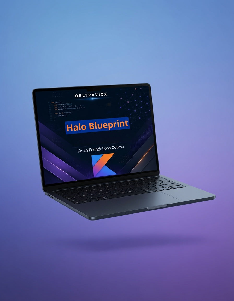 A dark gray laptop floating against a blue-to-purple gradient background, with the screen displaying the text 'GELTRAVIOX' and 'Halo Blueprint' in a course-style graphic.